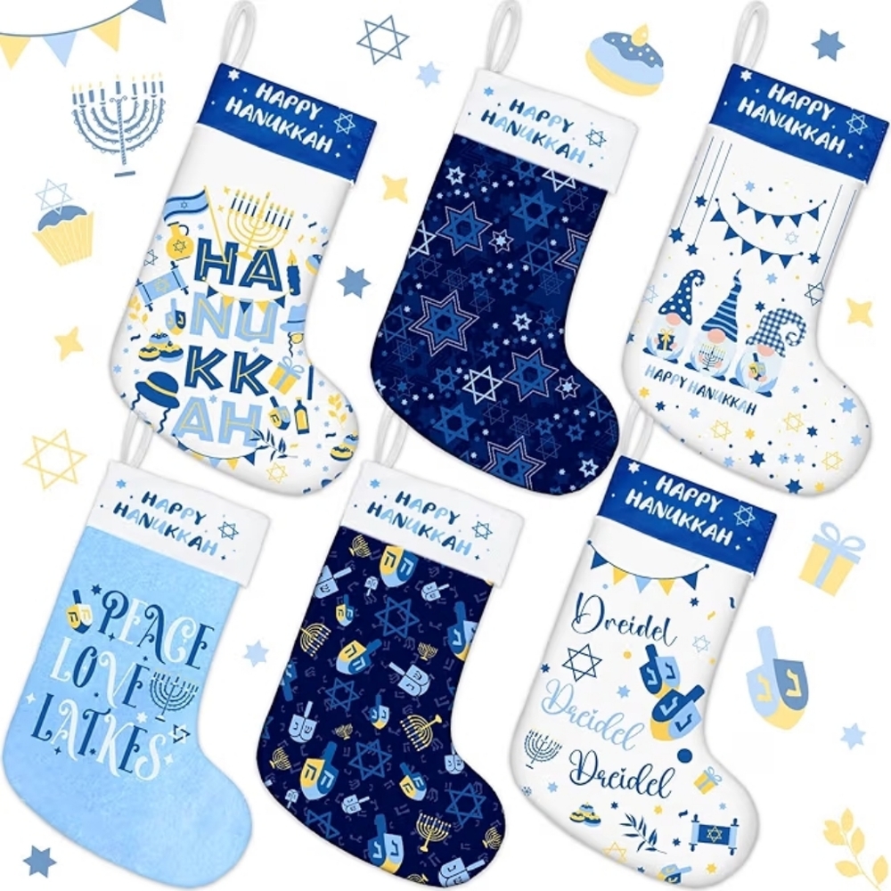 Hanukkah 6 Piece Stockings 16"X12" Soft Plush, NWOT, Classic Styles